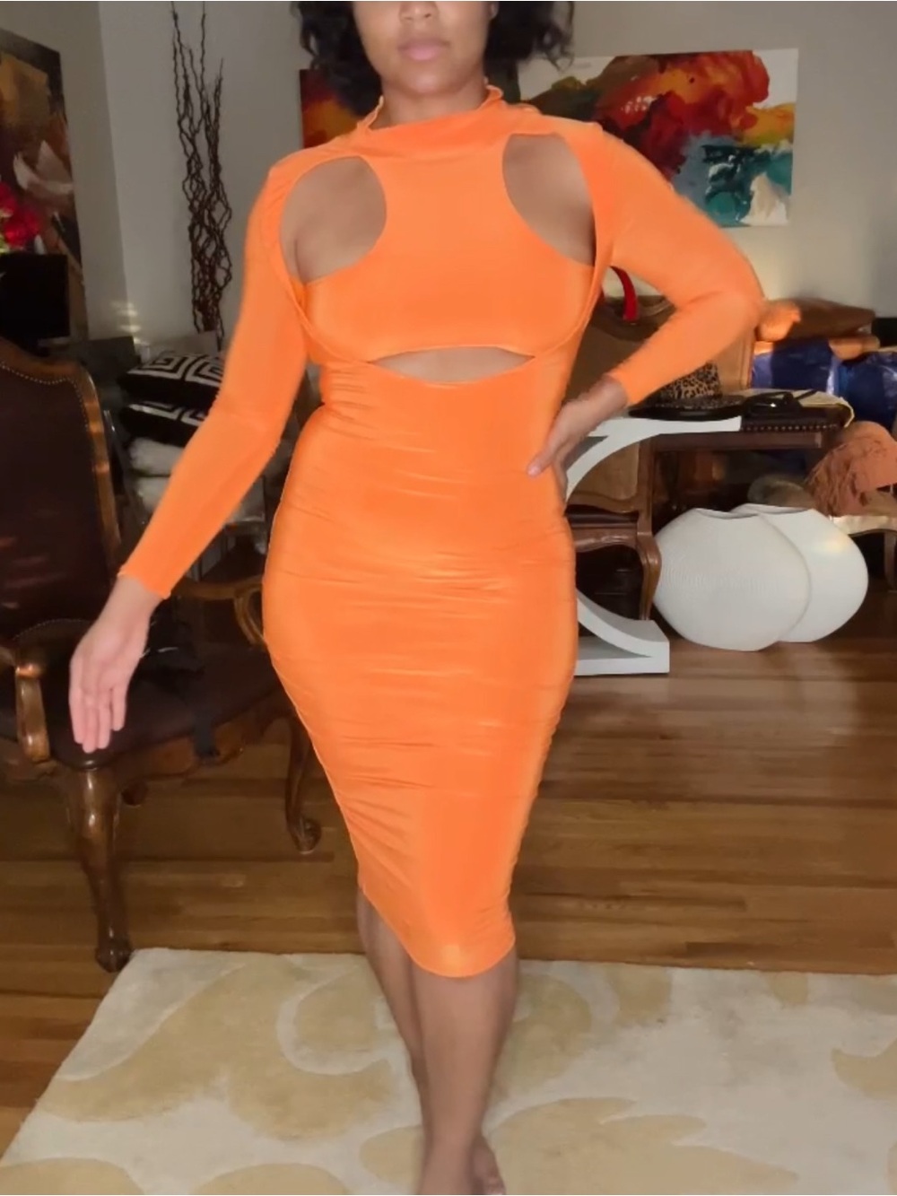 Orange Cutout Long-Sleeve Bodycon Midi Dress Size Small